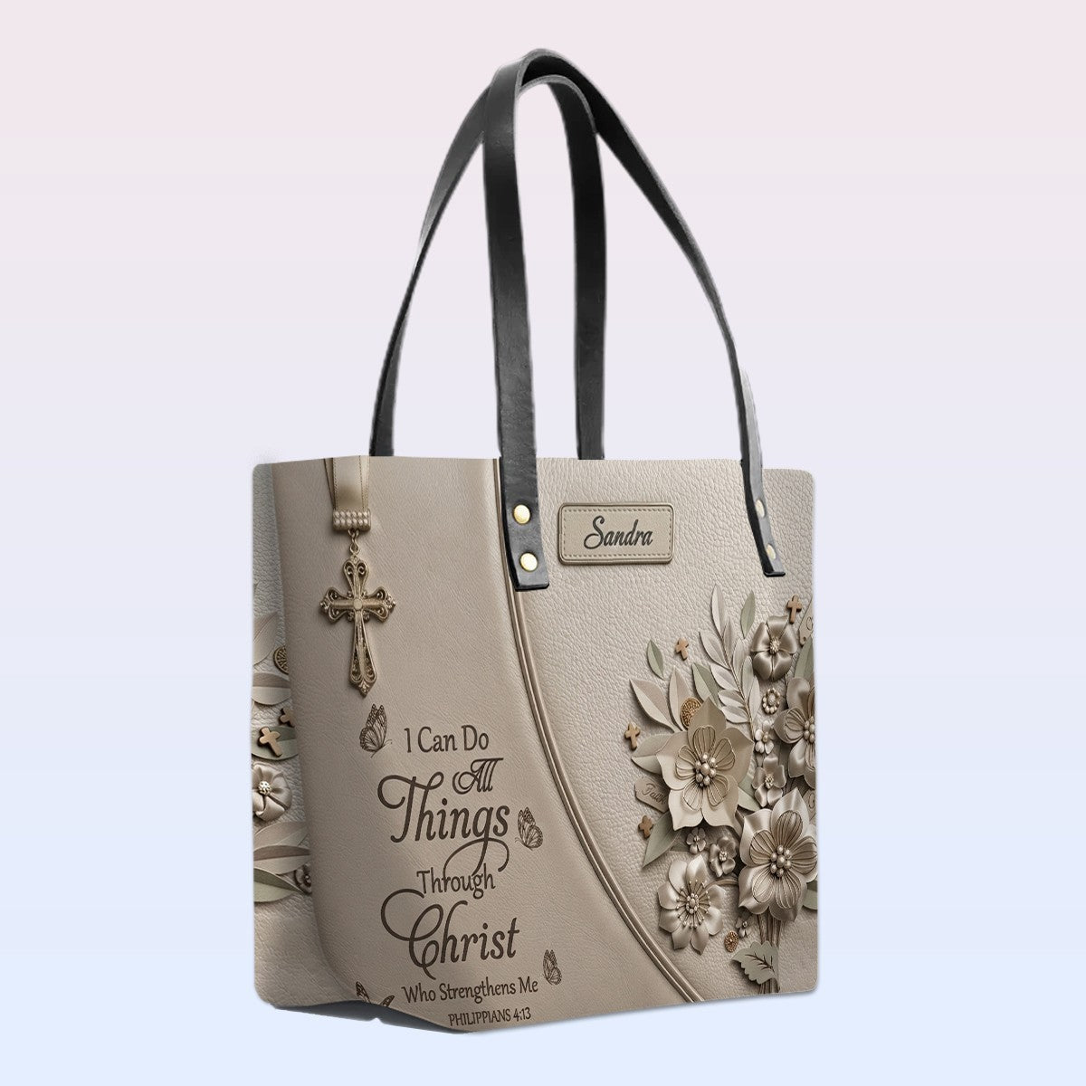 Personalized Leather Tote Bag with Custom Name - Christian Floral Scripture Handbag, Philippians 4:13 | CHRISTIANARTBAG 01072326