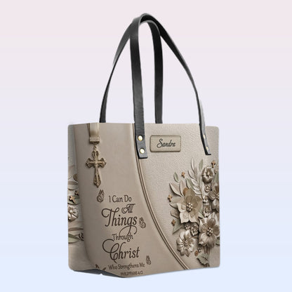 Personalized Leather Tote Bag with Custom Name - Christian Floral Scripture Handbag, Philippians 4:13 | CHRISTIANARTBAG 01072326