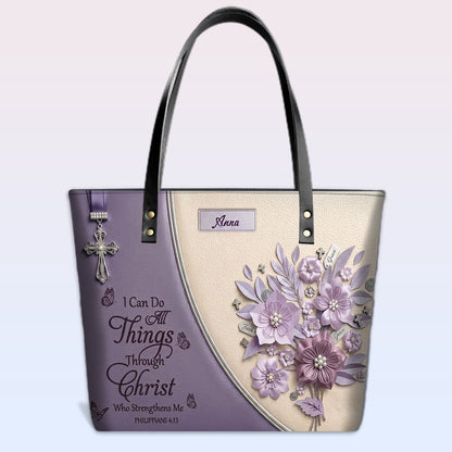 Personalized Leather Tote Bag with Custom Name - Christian Floral Scripture Handbag, Philippians 4:13 | CHRISTIANARTBAG 01072326