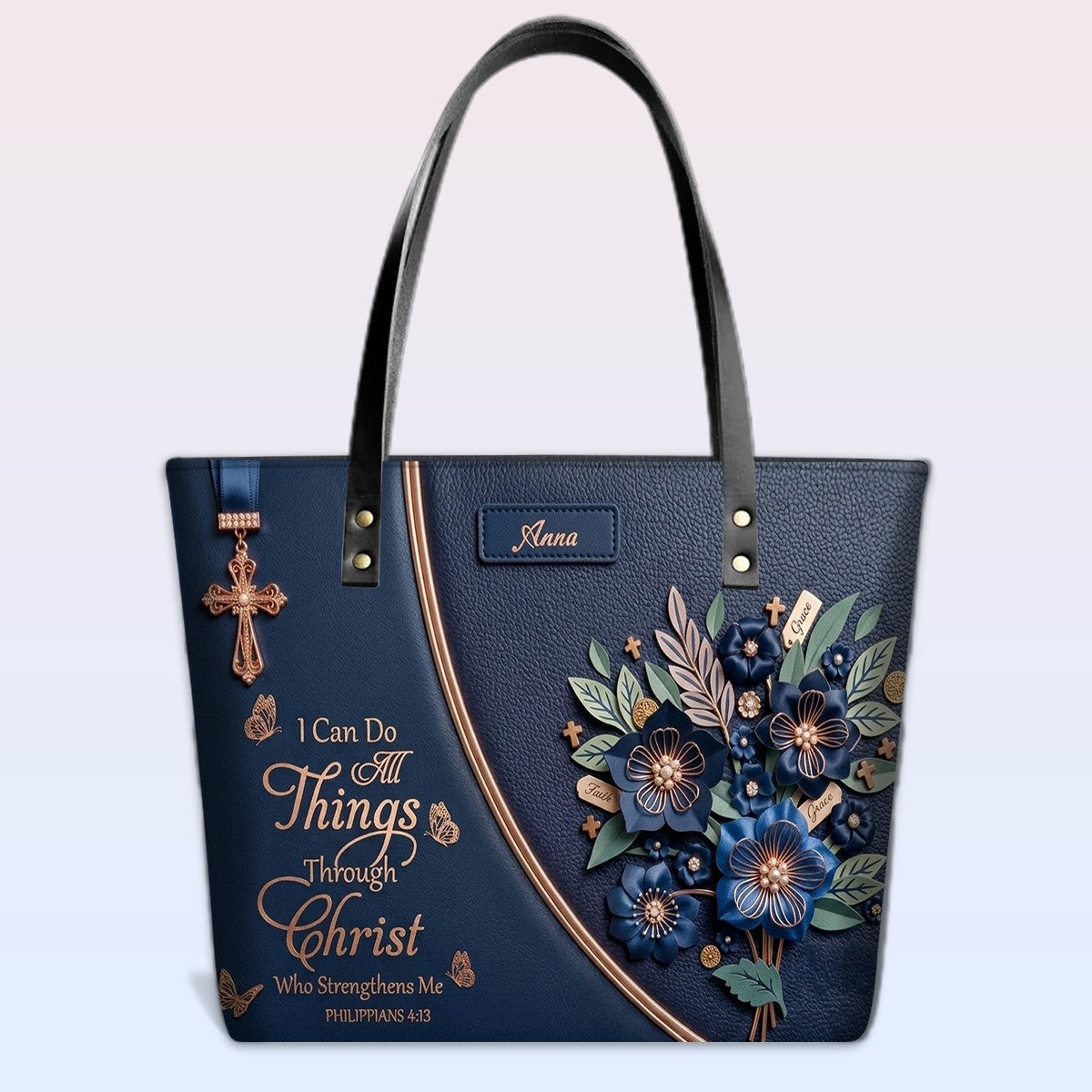 Personalized Leather Tote Bag with Custom Name - Christian Floral Scripture Handbag, Philippians 4:13 | CHRISTIANARTBAG 01072326