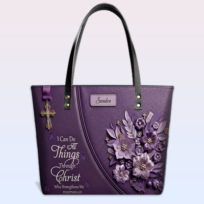 Personalized Leather Tote Bag with Custom Name - Christian Floral Scripture Handbag, Philippians 4:13 | CHRISTIANARTBAG 01072326