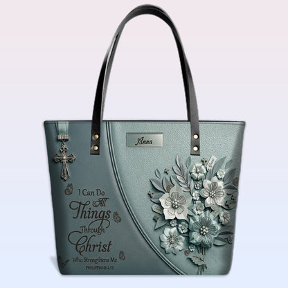 Personalized Leather Tote Bag with Custom Name - Christian Floral Scripture Handbag, Philippians 4:13 | CHRISTIANARTBAG 01072326