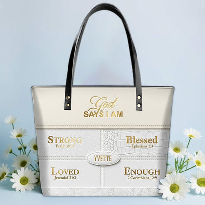 Personalized God Says I Am Leather Tote Bag, Custom Christian Gift - CHRISTIANARTBAG CAB01101326