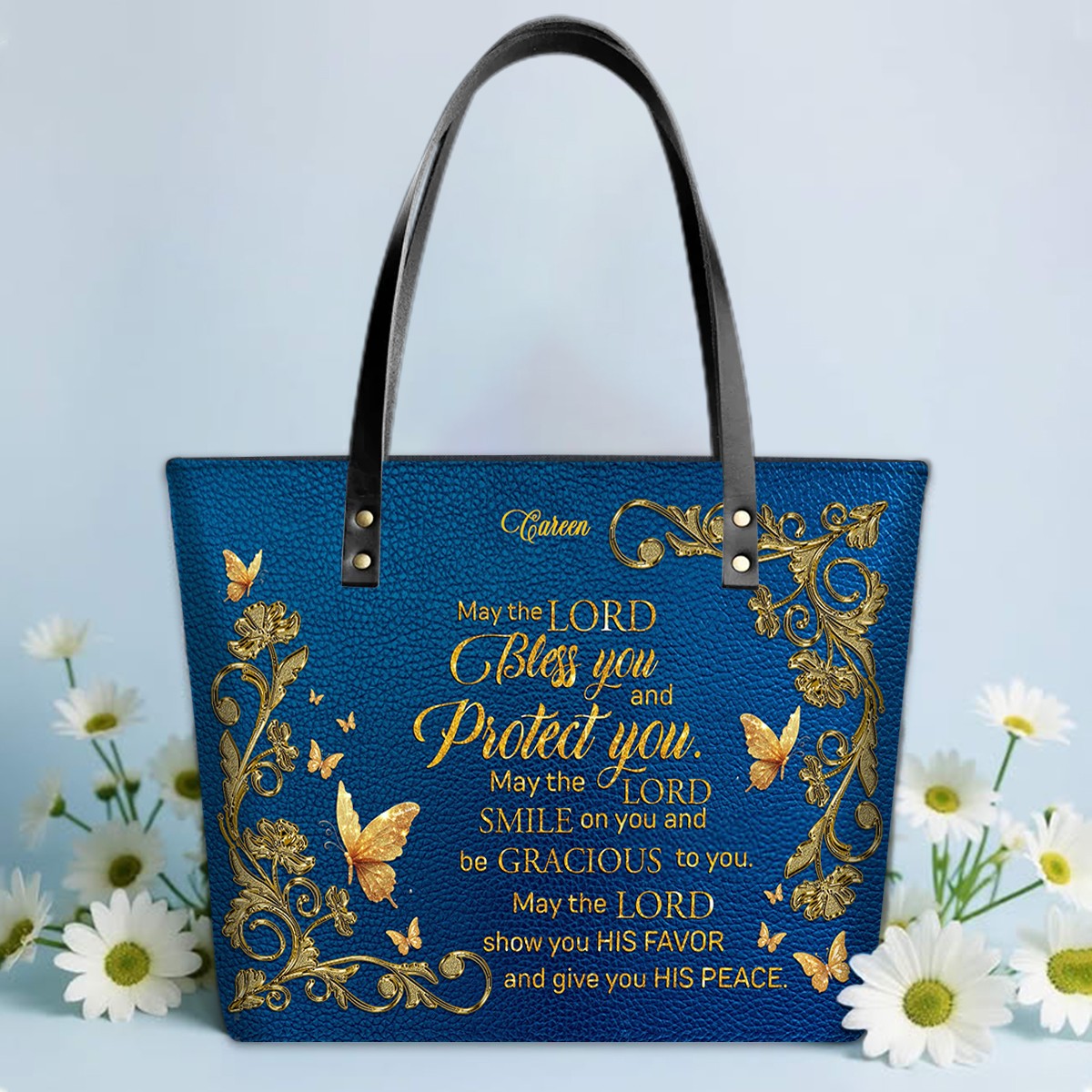Personalized Leather Tote Bag with Bible Verses – Custom Faith-Inspired Leather TOTE Bag | CHRISTIANARTBAG Leather TOTE Bag Navy CAB01121025