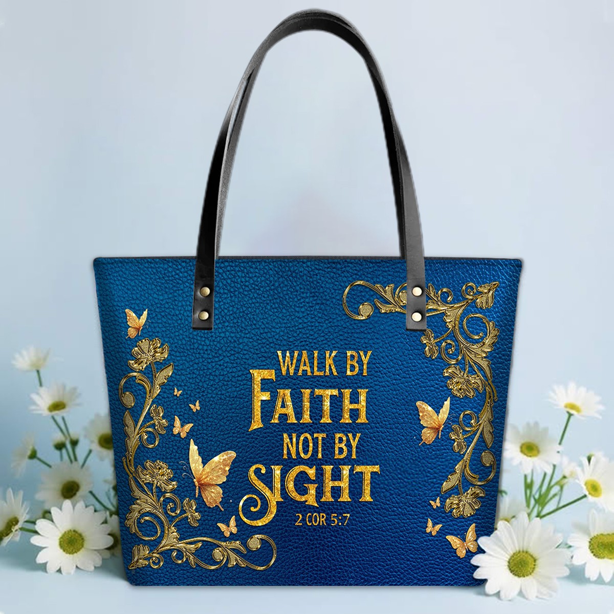 Personalized Leather Tote Bag with Bible Verses – Custom Faith-Inspired Leather TOTE Bag | CHRISTIANARTBAG Leather TOTE Bag Navy CAB01121025