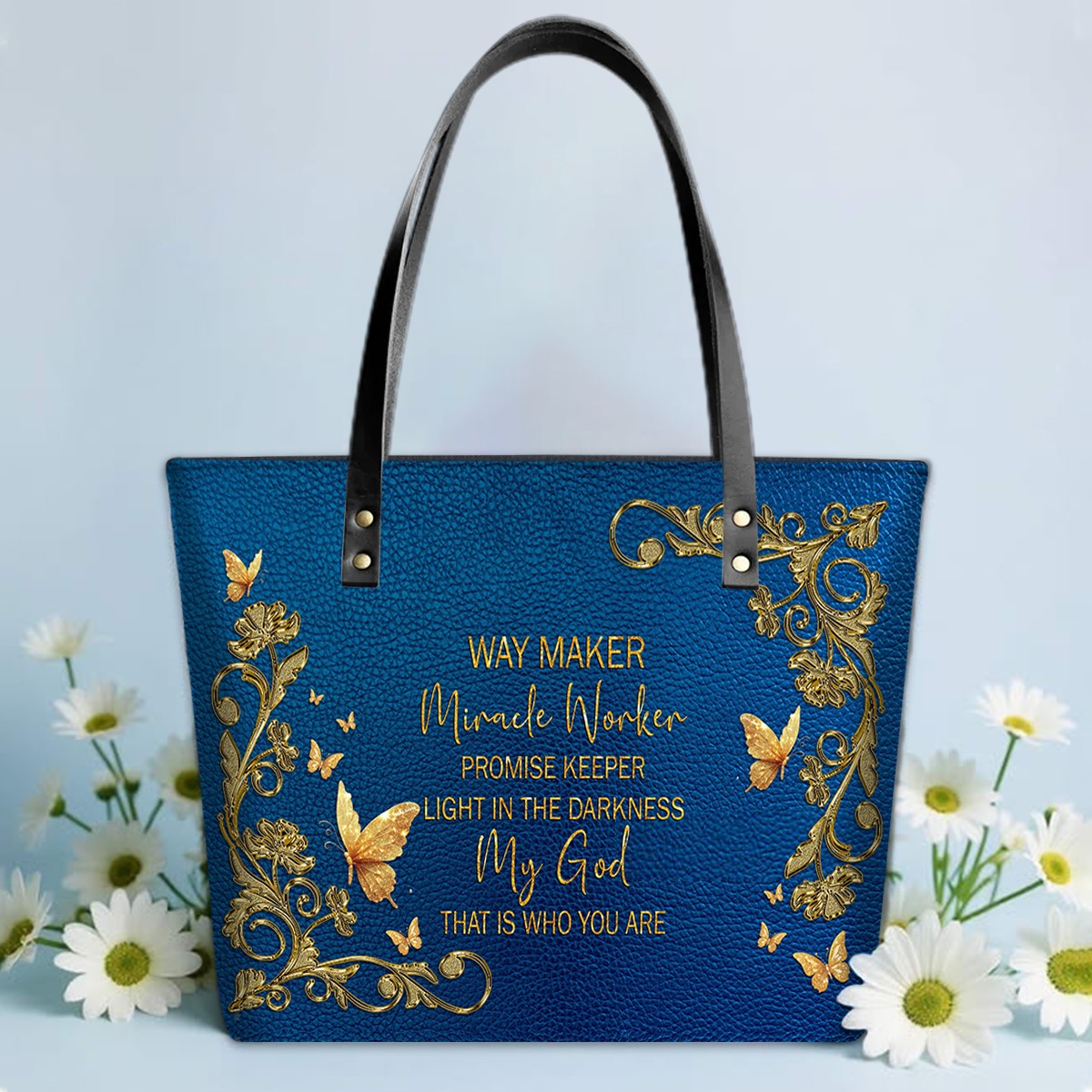 Personalized Leather Tote Bag with Bible Verses – Custom Faith-Inspired Leather TOTE Bag | CHRISTIANARTBAG Leather TOTE Bag Navy CAB01121025