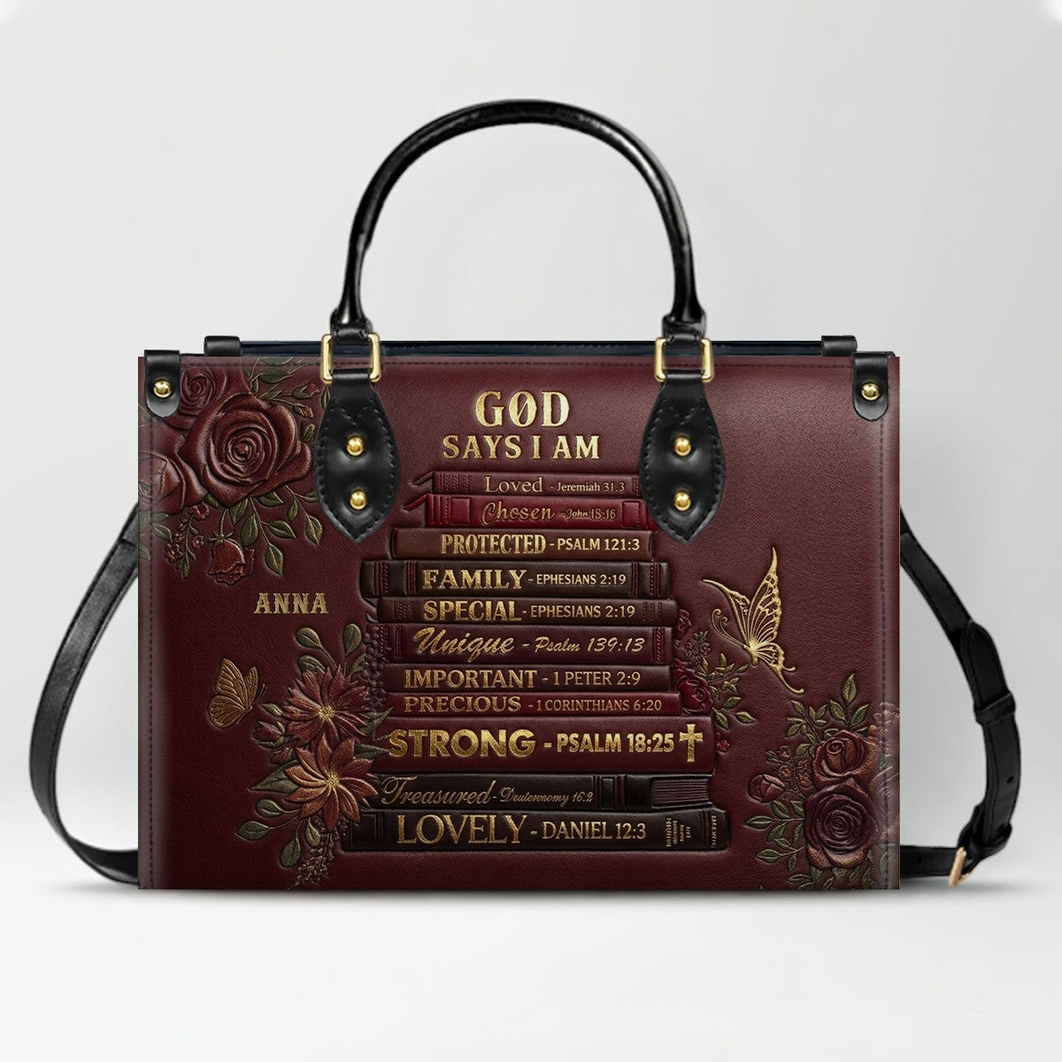 CHRISTIANARTBAG Personalized God Says I Am Leather Handbag - Custom Name Christian Bible Verse Stacked Books Tote Bag CAB01072226