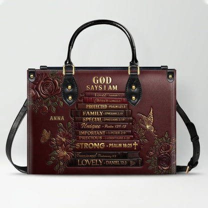 CHRISTIANARTBAG Personalized God Says I Am Leather Handbag - Custom Name Christian Bible Verse Stacked Books Tote Bag CAB01072226