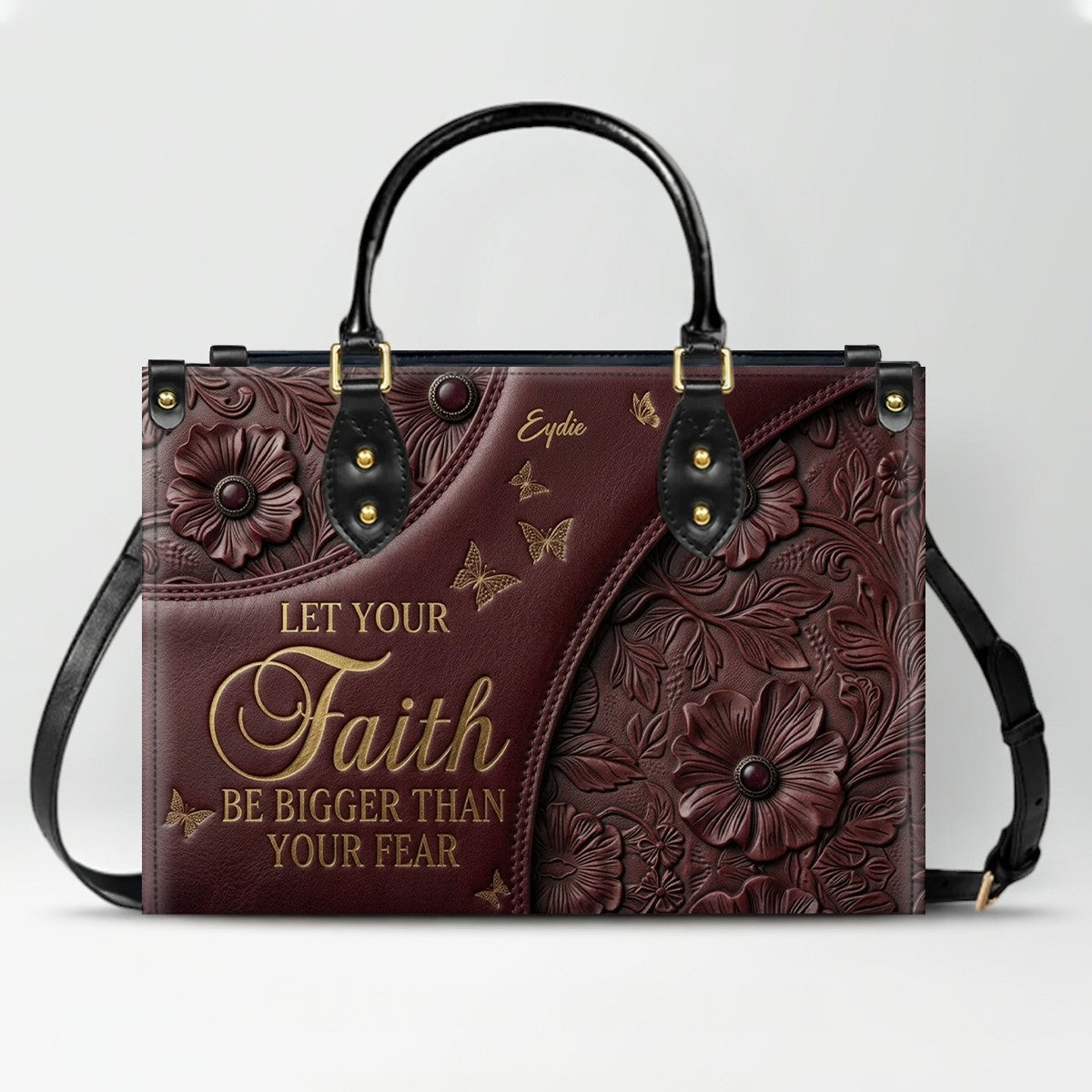 CHRISTIANARTBAG | Personalized Leather Handbag - Let Your Faith Be Bigger Than Your Fear - Custom Name Floral Leather Tote Bag CAB01080726