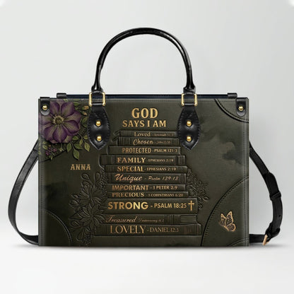CHRISTIANARTBAG Personalized God Says I Am Leather Handbag - Custom Name Christian Bible Verse Stacked Books Tote Bag CAB01072226