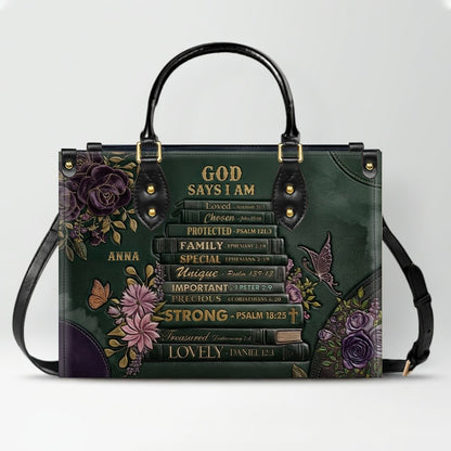 CHRISTIANARTBAG Personalized God Says I Am Leather Handbag - Custom Name Christian Bible Verse Stacked Books Tote Bag CAB01072226
