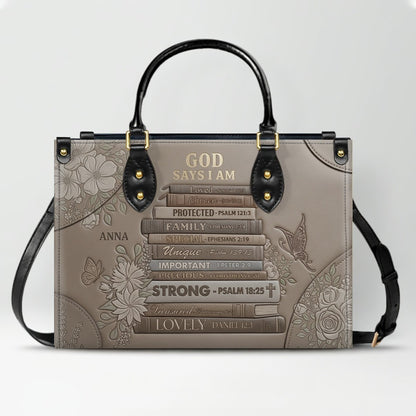 CHRISTIANARTBAG Personalized God Says I Am Leather Handbag - Custom Name Christian Bible Verse Stacked Books Tote Bag CAB01072226