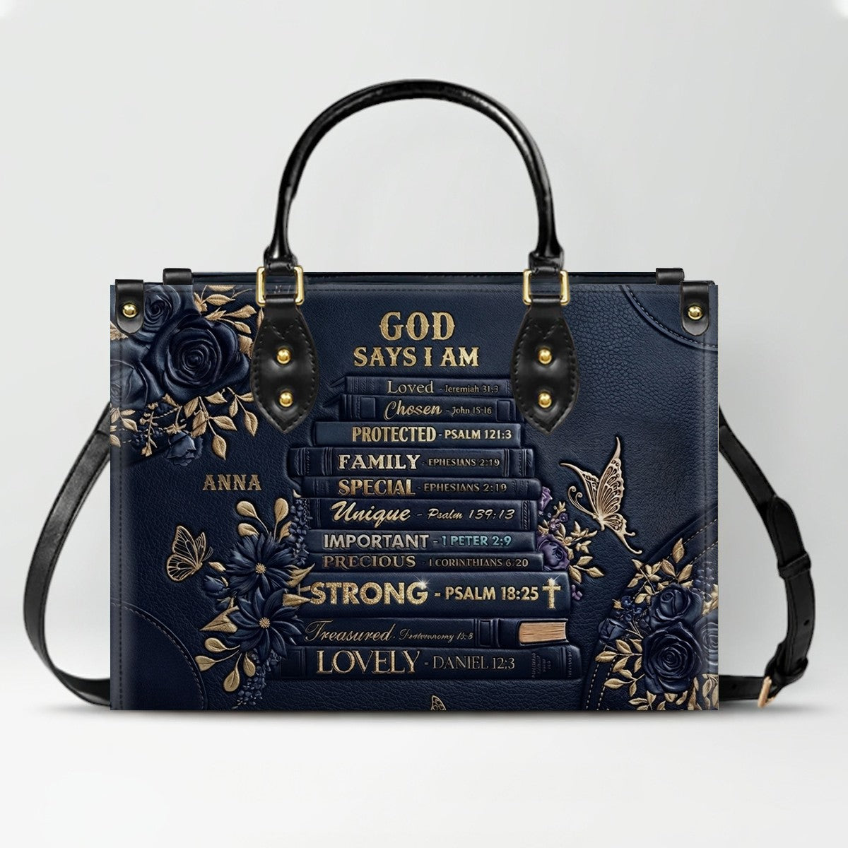 CHRISTIANARTBAG Personalized God Says I Am Leather Handbag - Custom Name Christian Bible Verse Stacked Books Tote Bag CAB01072226