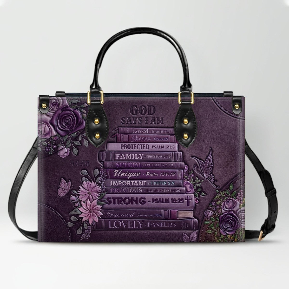 CHRISTIANARTBAG Personalized God Says I Am Leather Handbag - Custom Name Christian Bible Verse Stacked Books Tote Bag CAB01072226