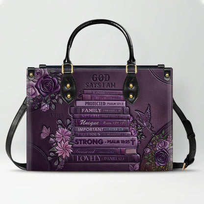 CHRISTIANARTBAG Personalized God Says I Am Leather Handbag - Custom Name Christian Bible Verse Stacked Books Tote Bag CAB01072226