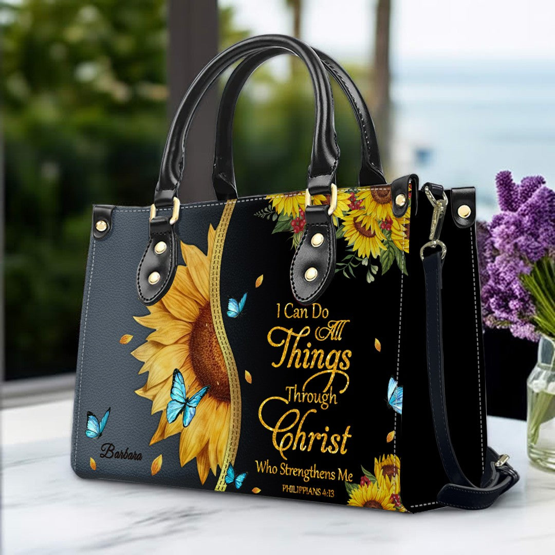 Personalized Philippians 4:13 Sunflower Leather Tote Bag - Custom Name Christian Gift for Women - Inspirational Bible Verse Satchel - Faith Based Handbag