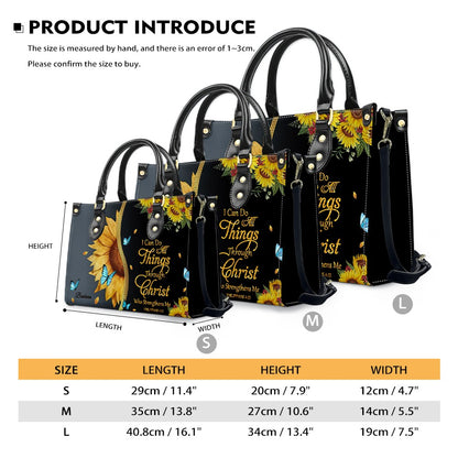 Personalized Philippians 4:13 Sunflower Leather Tote Bag - Custom Name Christian Gift for Women - Inspirational Bible Verse Satchel - Faith Based Handbag
