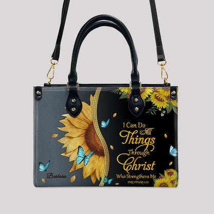 Personalized Philippians 4:13 Sunflower Leather Tote Bag - Custom Name Christian Gift for Women - Inspirational Bible Verse Satchel - Faith Based Handbag