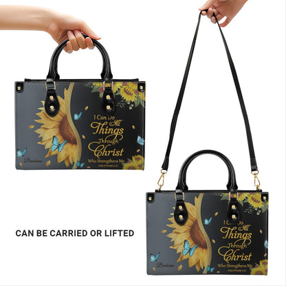 Personalized Philippians 4:13 Sunflower Leather Tote Bag - Custom Name Christian Gift for Women - Inspirational Bible Verse Satchel - Faith Based Handbag