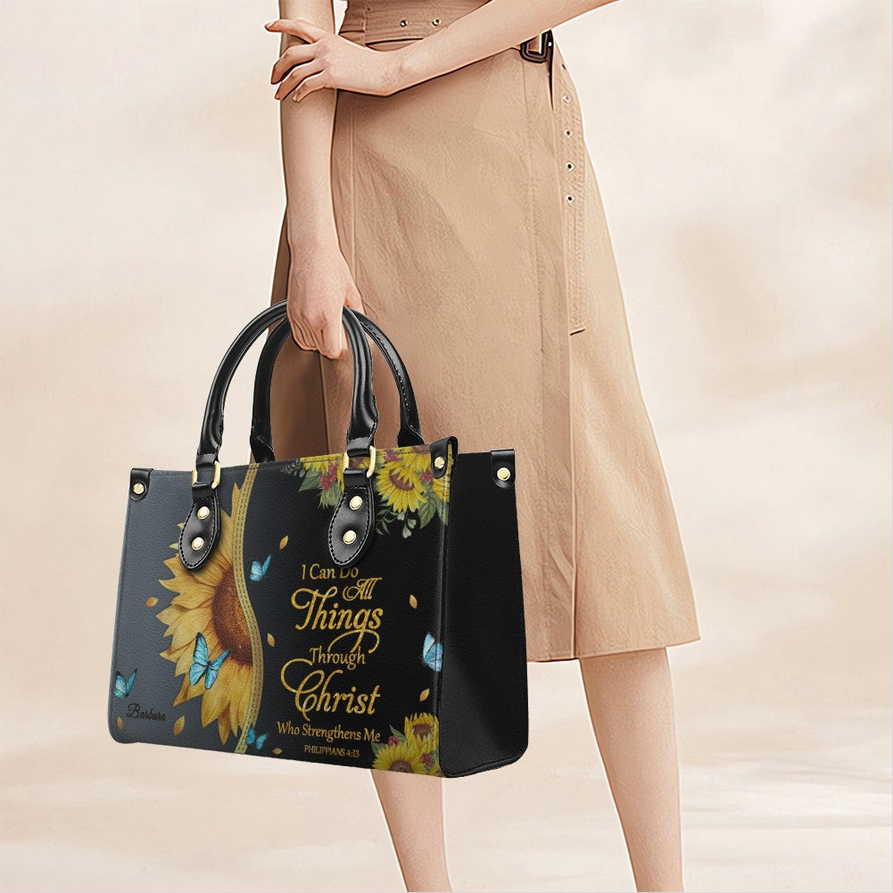 Personalized Philippians 4:13 Sunflower Leather Tote Bag - Custom Name Christian Gift for Women - Inspirational Bible Verse Satchel - Faith Based Handbag