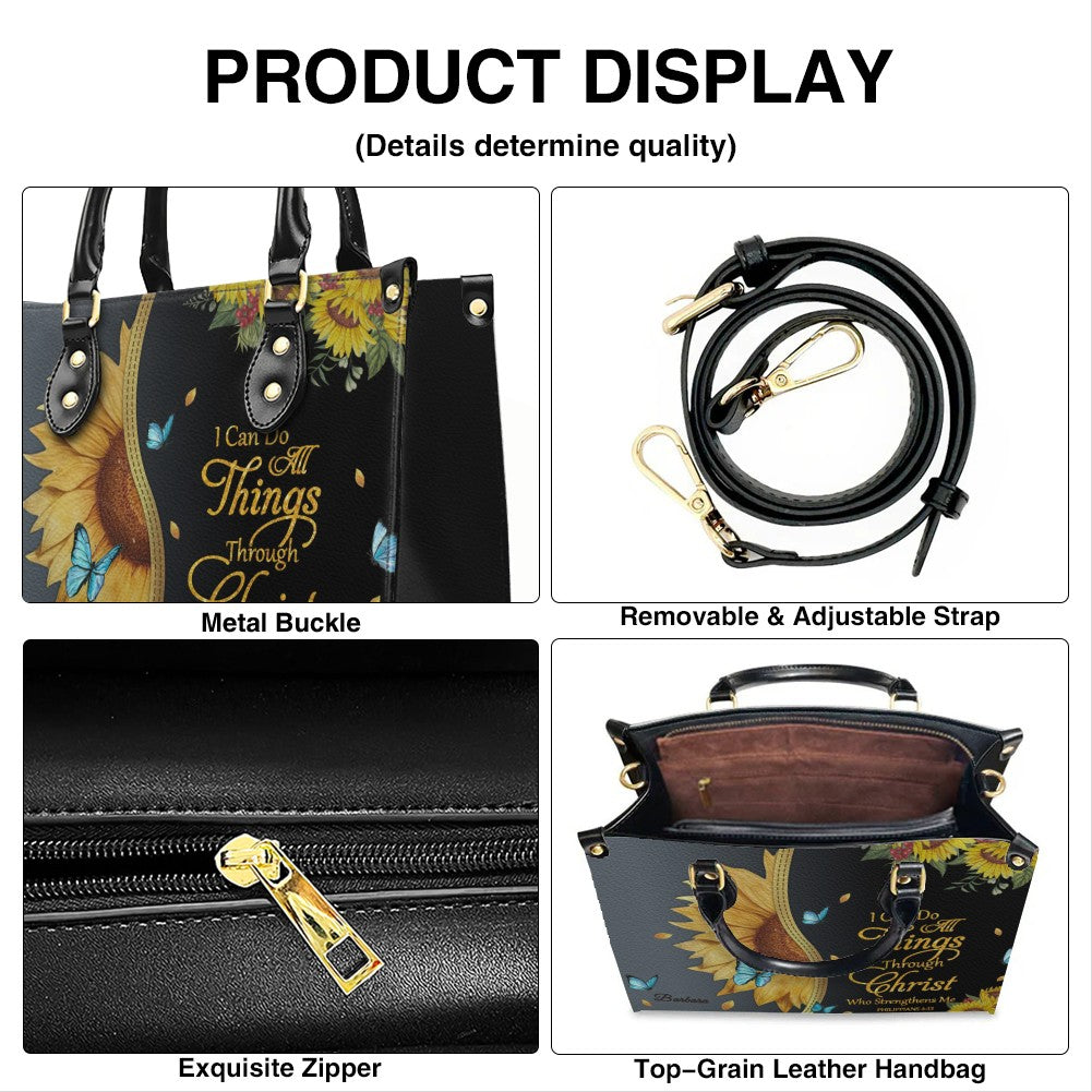 Personalized Philippians 4:13 Sunflower Leather Tote Bag - Custom Name Christian Gift for Women - Inspirational Bible Verse Satchel - Faith Based Handbag