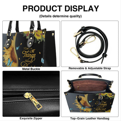 Personalized Philippians 4:13 Sunflower Leather Tote Bag - Custom Name Christian Gift for Women - Inspirational Bible Verse Satchel - Faith Based Handbag