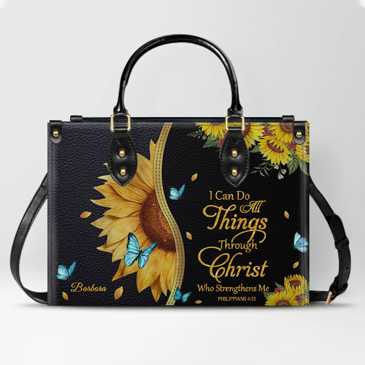 Personalized Leather Handbag with Bible Verse & Name – Sunflower Christian Tote, Custom Christian Gift for Women | CHRISTIANARTBAG CAB24126