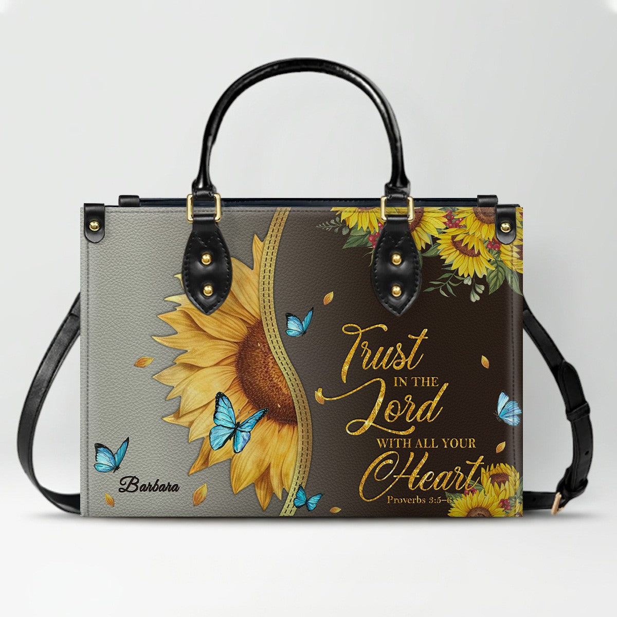 Personalized Leather Handbag with Bible Verse & Name – Sunflower Christian Tote, Custom Christian Gift for Women | CHRISTIANARTBAG CAB24126
