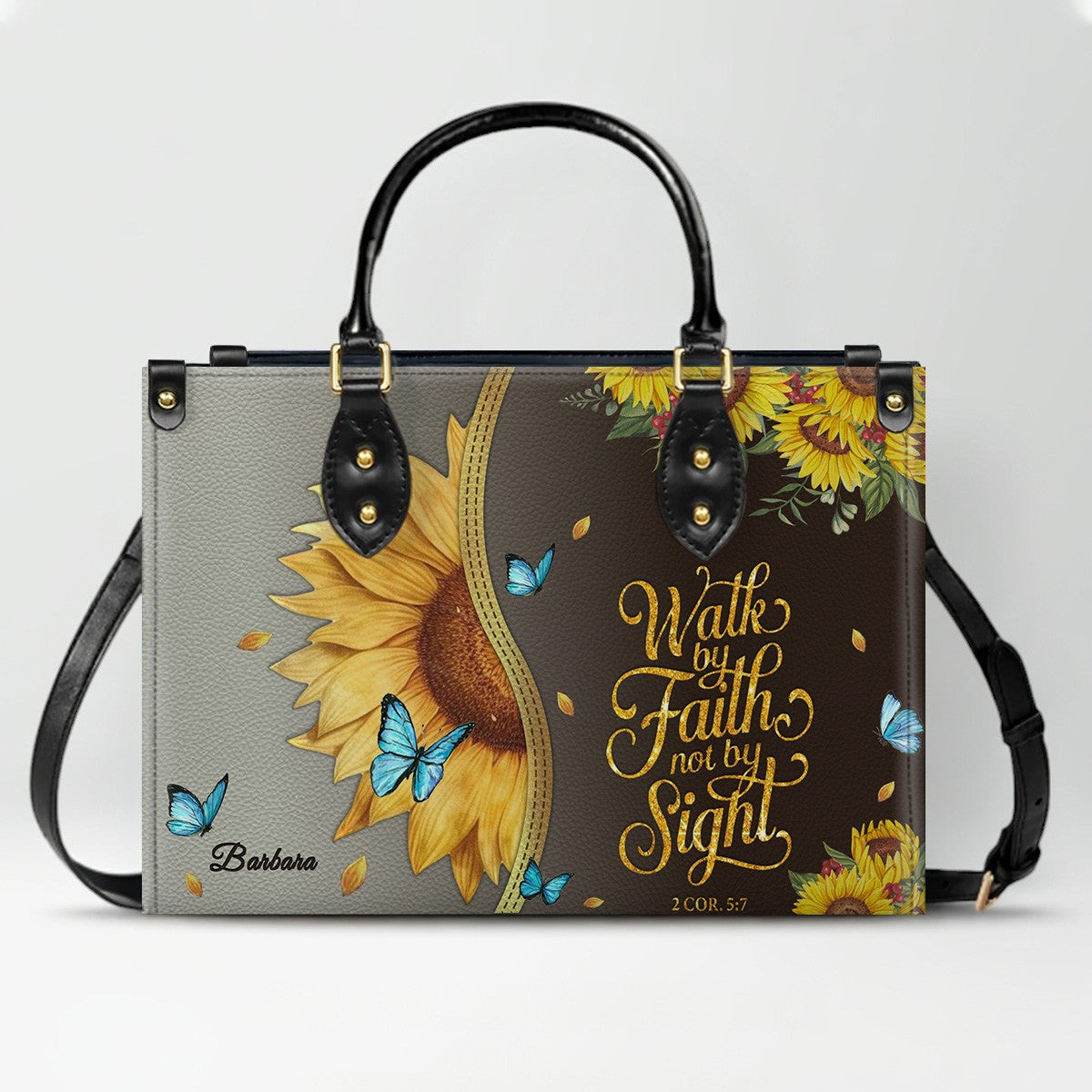 Personalized Leather Handbag with Bible Verse & Name – Sunflower Christian Tote, Custom Christian Gift for Women | CHRISTIANARTBAG CAB24126