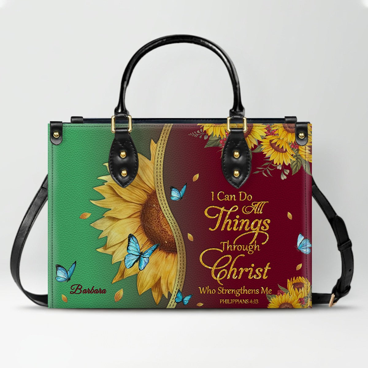 Personalized Leather Handbag with Bible Verse & Name – Sunflower Christian Tote, Custom Christian Gift for Women | CHRISTIANARTBAG CAB24126