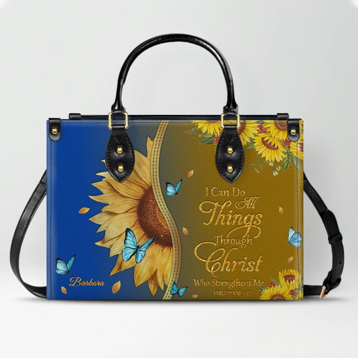 Personalized Leather Handbag with Bible Verse & Name – Sunflower Christian Tote, Custom Christian Gift for Women | CHRISTIANARTBAG CAB24126