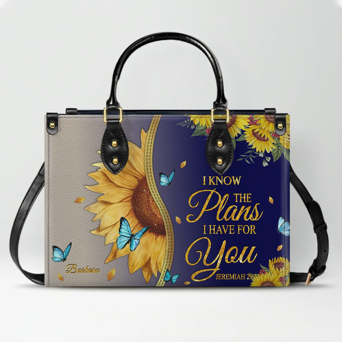 Personalized Leather Handbag with Bible Verse & Name – Sunflower Christian Tote, Custom Christian Gift for Women | CHRISTIANARTBAG CAB24126