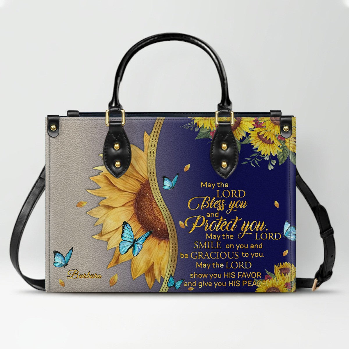 Personalized Leather Handbag with Bible Verse & Name – Sunflower Christian Tote, Custom Christian Gift for Women | CHRISTIANARTBAG CAB24126