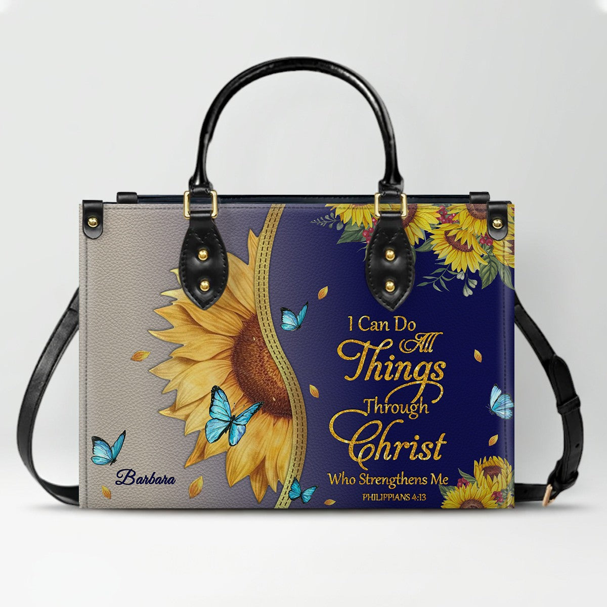 Personalized Leather Handbag with Bible Verse & Name – Sunflower Christian Tote, Custom Christian Gift for Women | CHRISTIANARTBAG CAB24126