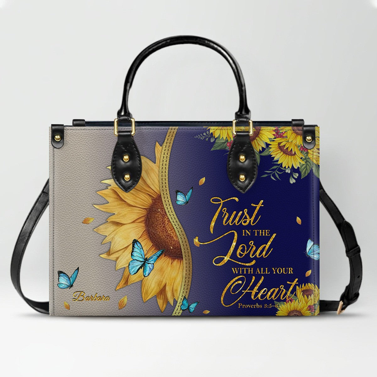 Personalized Leather Handbag with Bible Verse & Name – Sunflower Christian Tote, Custom Christian Gift for Women | CHRISTIANARTBAG CAB24126