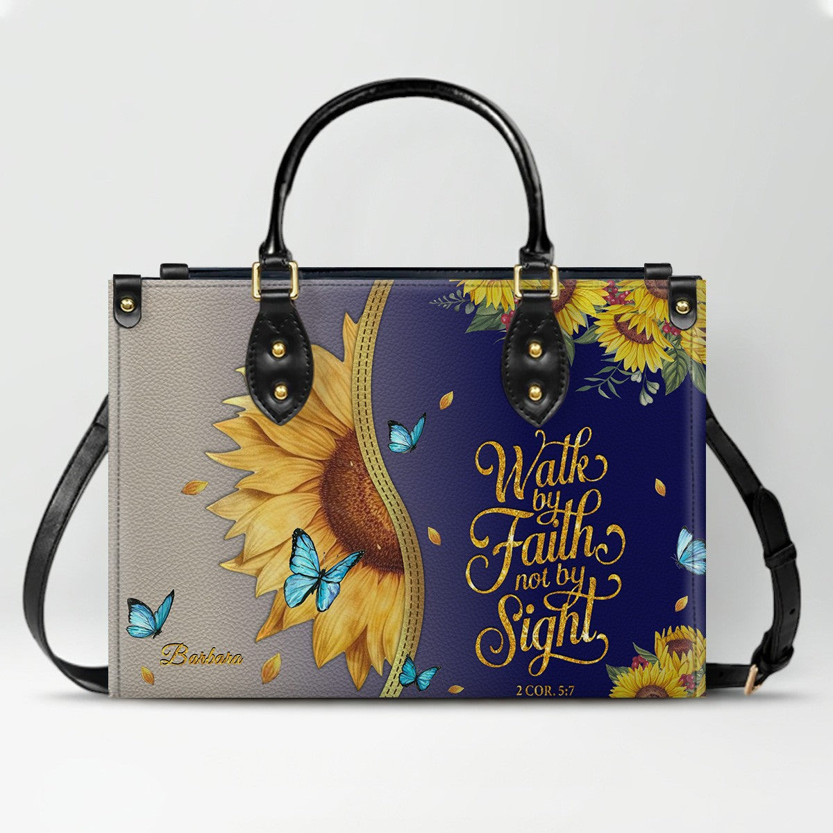 Personalized Leather Handbag with Bible Verse & Name – Sunflower Christian Tote, Custom Christian Gift for Women | CHRISTIANARTBAG CAB24126