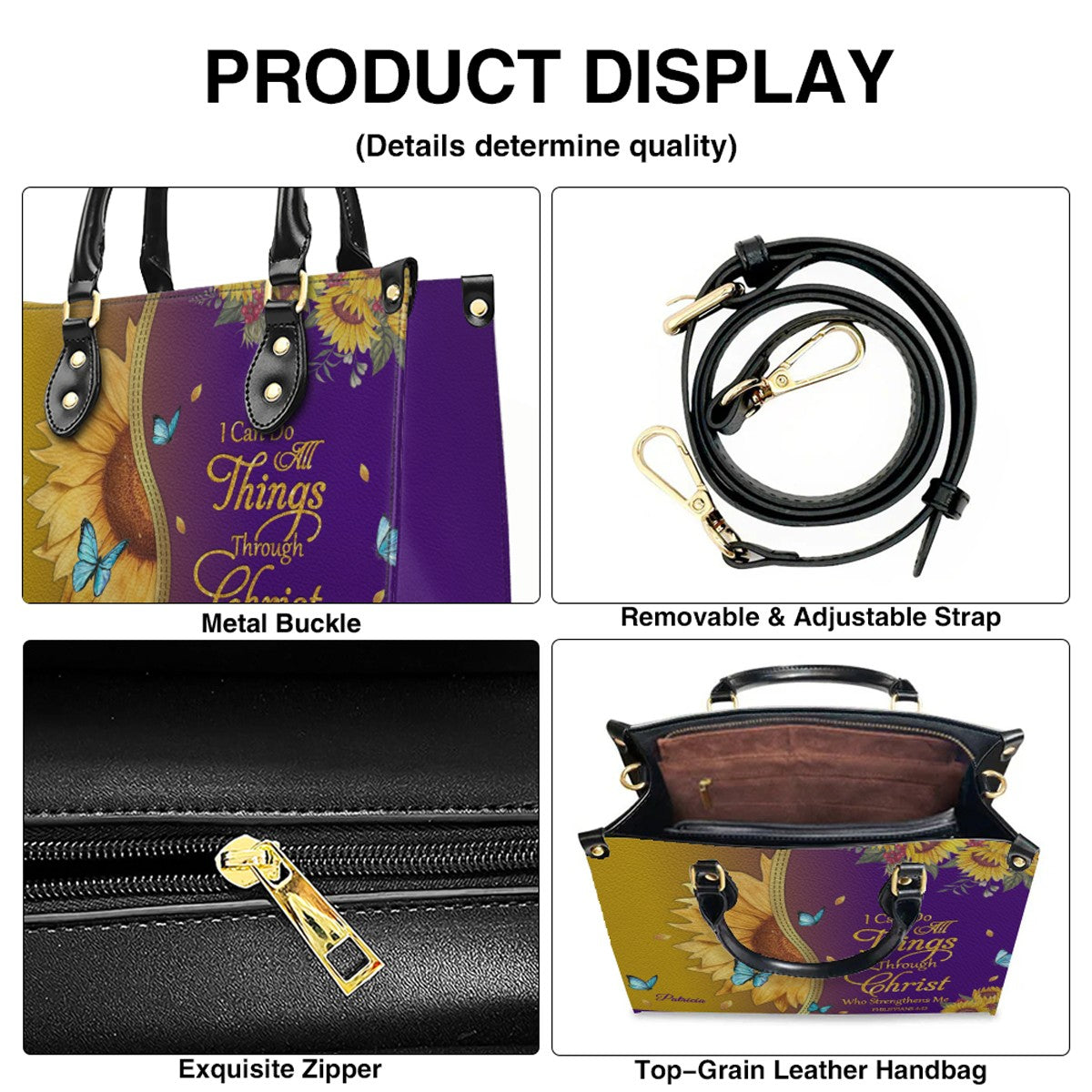 Personalized Leather Handbag with Bible Verse & Name – Sunflower Christian Tote, Custom Christian Gift for Women | CHRISTIANARTBAG CAB24126
