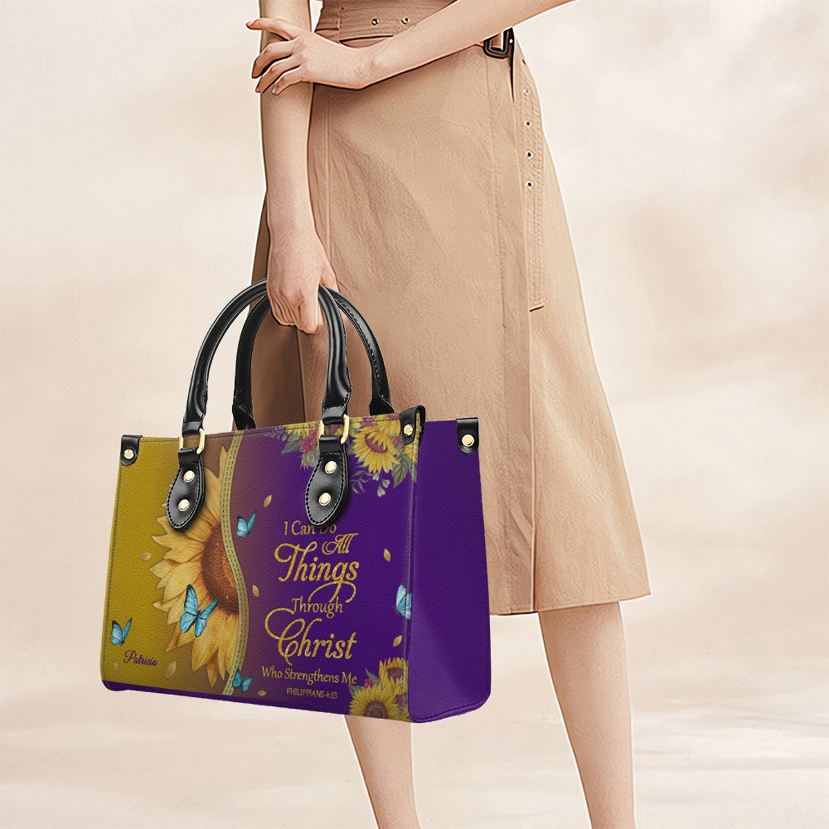 CHRISTIANARTBAG Personalized Leather Handbag & Wallet Set - Custom Bible Verse Sunflower Print - Religious Gift for Women
