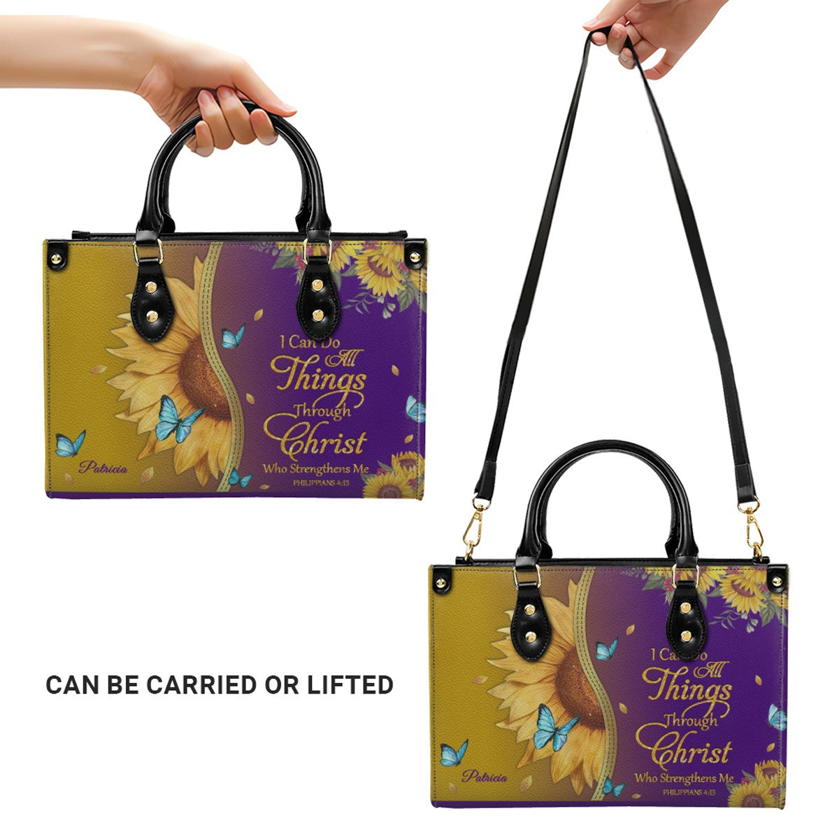 Personalized Leather Handbag with Bible Verse & Name – Sunflower Christian Tote, Custom Christian Gift for Women | CHRISTIANARTBAG CAB24126