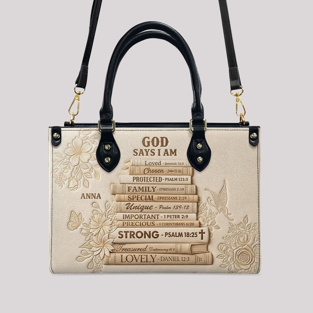 CHRISTIANARTBAG Personalized God Says I Am Leather Handbag - Custom Name Christian Bible Verse Stacked Books Tote Bag CAB01072226