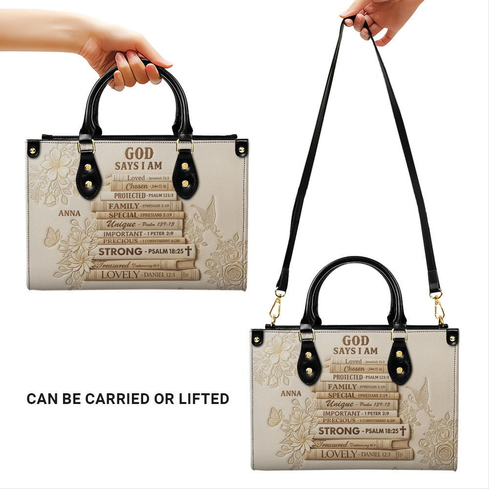 CHRISTIANARTBAG Personalized God Says I Am Leather Handbag - Custom Name Christian Bible Verse Stacked Books Tote Bag CAB01072226