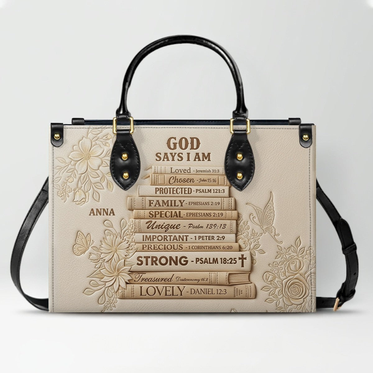 CHRISTIANARTBAG Personalized God Says I Am Leather Handbag - Custom Name Christian Bible Verse Stacked Books Tote Bag CAB01072226
