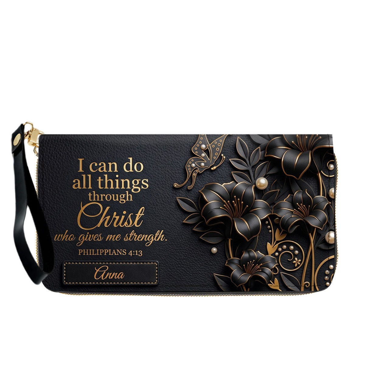Personalized Leather Handbag - Custom Name Christian Bible Verse Philippians 4:13 Floral Butterfly Tote Bag | CHRISTIANARTBAG CA01100926