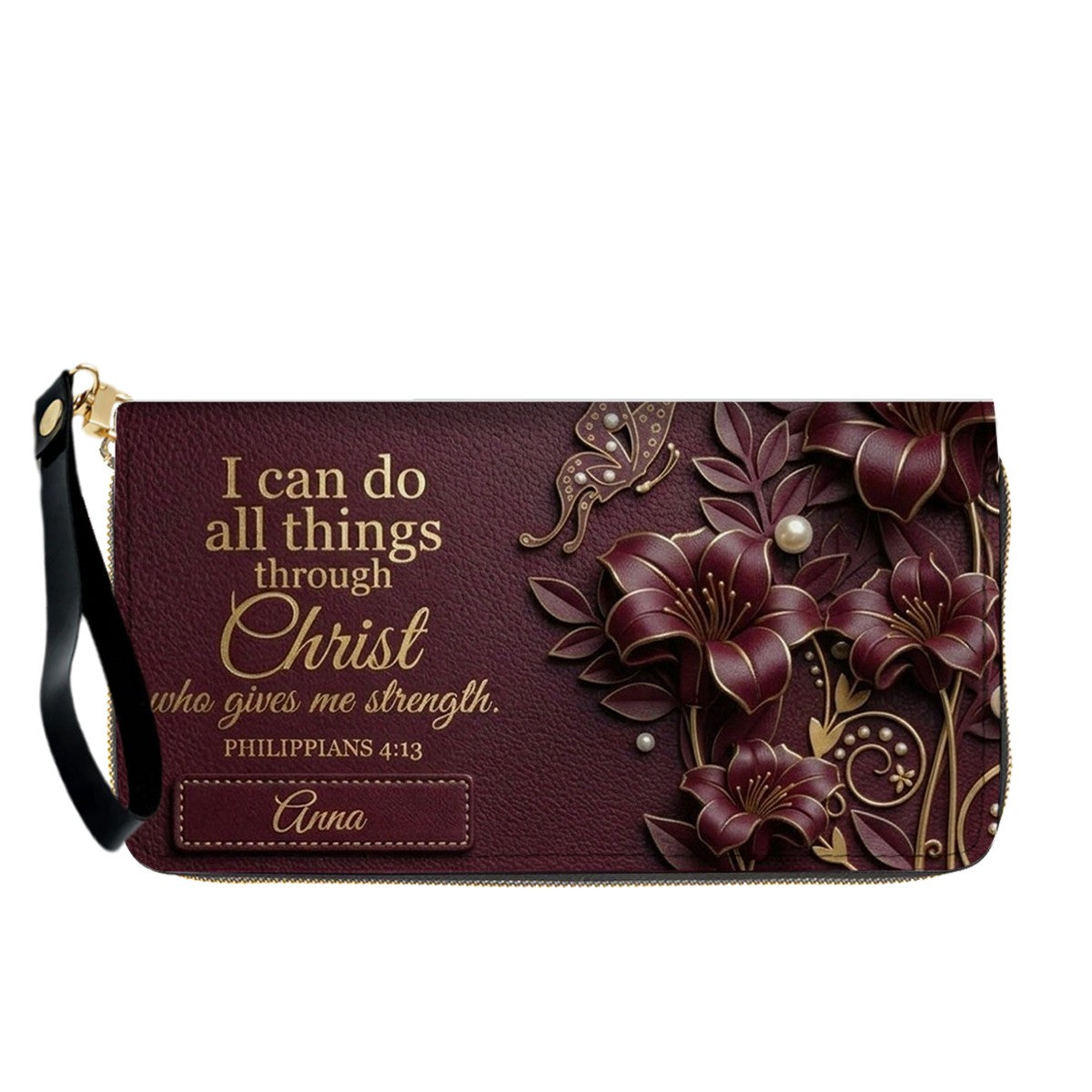 Personalized Leather Handbag - Custom Name Christian Bible Verse Philippians 4:13 Floral Butterfly Tote Bag | CHRISTIANARTBAG CA01101226
