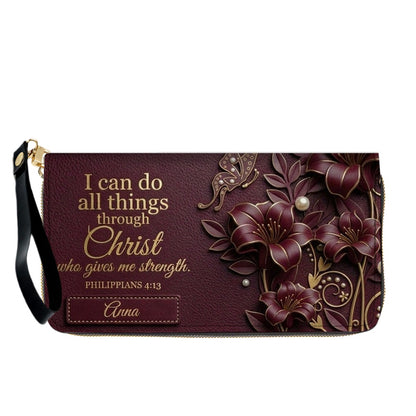 Personalized Leather Handbag - Custom Name Christian Bible Verse Philippians 4:13 Floral Butterfly Tote Bag | CHRISTIANARTBAG CA01101226