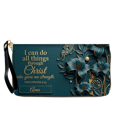 Personalized Leather Handbag - Custom Name Christian Bible Verse Philippians 4:13 Floral Butterfly Tote Bag | CHRISTIANARTBAG CA01101226