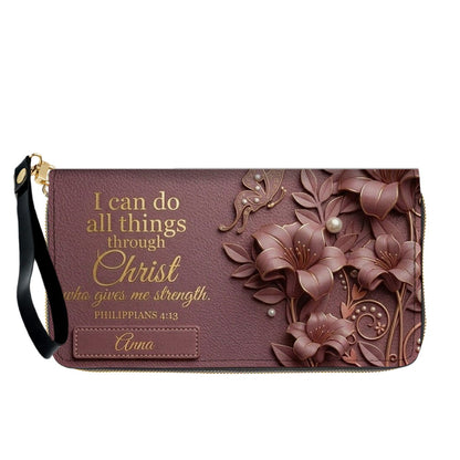 Personalized Leather Handbag - Custom Name Christian Bible Verse Philippians 4:13 Floral Butterfly Tote Bag | CHRISTIANARTBAG CA01101226