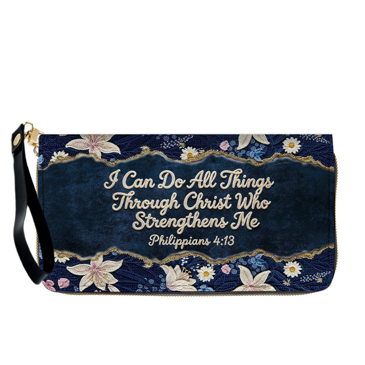 Personalized Navy Leather Handbag by CHRISTIANARTBAG - Custom Embroidered Floral Tote with Philippians 4:13 - Unique Christian Gift for Her
