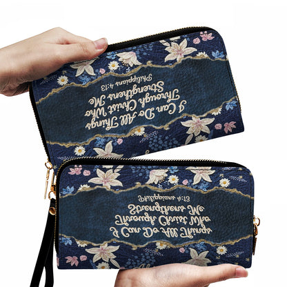Personalized Navy Leather Handbag by CHRISTIANARTBAG - Custom Embroidered Floral Tote with Philippians 4:13 - Unique Christian Gift for Her