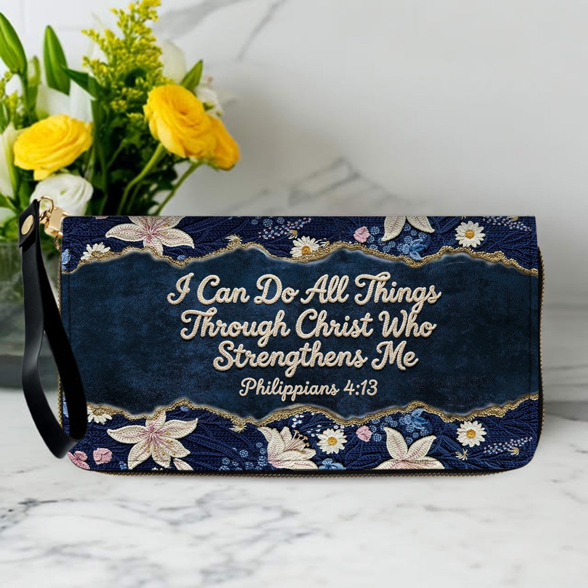 Personalized Navy Leather Handbag by CHRISTIANARTBAG - Custom Embroidered Floral Tote with Philippians 4:13 - Unique Christian Gift for Her
